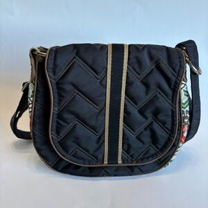 CINDA‎ B Ravinia Black Patterned Saddlebag Shoulder Crossbody Bag Nylon Quilted